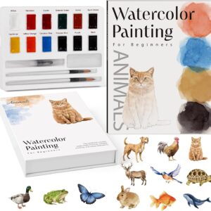 Aizweb Watercolor Workbook-Water Colors Paint Adult Set with 12 Original Animal Patterns,12 Paint Colors&Refillable Water Brush,Coloring Books for Beginners Arts&Crafts Birthday Gifts