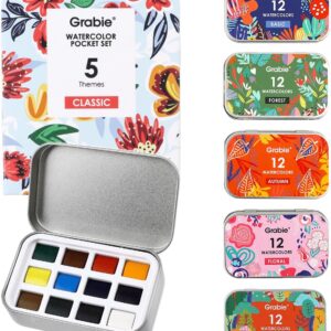 Grabie Pocket Watercolor Set of 12, Travel Watercolor Paint Set, Watercolor Paints, Art Supplies for Painting, Great Watercolor Set for Artists, Amateur Hobbyists and Painting (60 Color 5 Theme)