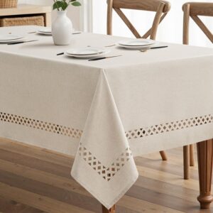 MIULEE Beige Rectangle Linen Polyester Tablecloth with Decorative Cutouts Spring Waterproof Stain Resistant & Shrink-Proof Table Cloth 52x70 inch...
