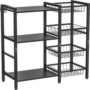 Hastatii Storage Rack Kitchen Baker's Rack - 3 Tiers 4 Baskets, Utility Coffee Bar, Air Fryer Stand with Steel Mesh Baskets