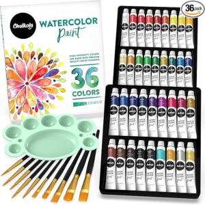 Chalkola Watercolor Paint Set for Adults & Professional Artists - 36 Watercolor Tubes Set (12ml, 0.4oz), 10 Painting Brushes & 1 Palette | Vibrant Water Color Art Painting Supplies