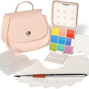 Funto Mini Watercolor Set Travel Kit with 9 Colors, Leather Bag & Watercolor Paper, Portable Drawing & Painting Supplies for Beginners, Art Gift Set