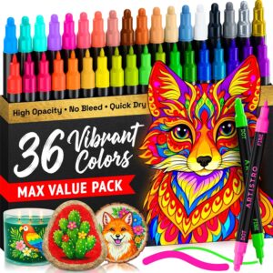 ARTISTRO 36 Precision Dual-Tip Acrylic Paint Markers – Paint Pens Set with Dot & Fine Tips for Fabric, Rock, Glass, Wood, Coloring Books – Classroom & Art Supplies Gift – Teacher Appreciation Gift