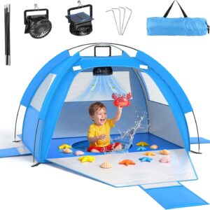 Baby Beach Tent Solar Cooling Fan, Anti-UV Toddler Beach Tent Sun Shelter Portable Travel Fan Beach Shade Tent, Baby Play Tent Built-in Ceiling Fan Sun Shelters Toddler Beach Essentials