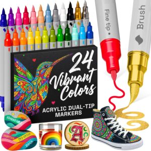 ARTISTRO 24 Acrylic Paint Markers - Paint Pens for Drawing, Brush + Fine Tips - For Fabric, Rock, Glass, Wood, DIY - Art & Craft Supplies for Adults, Teens, Kids - Teacher Appreciation Gift