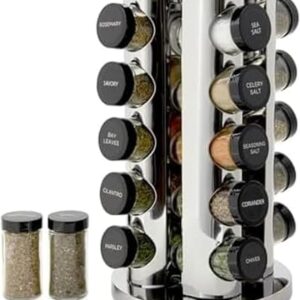 20 Jar Revolving Countertop Spice Rack with Spices Included, FREE Spice Refills for 5 Years, Polished Stainless Steel with Black Caps, 30020